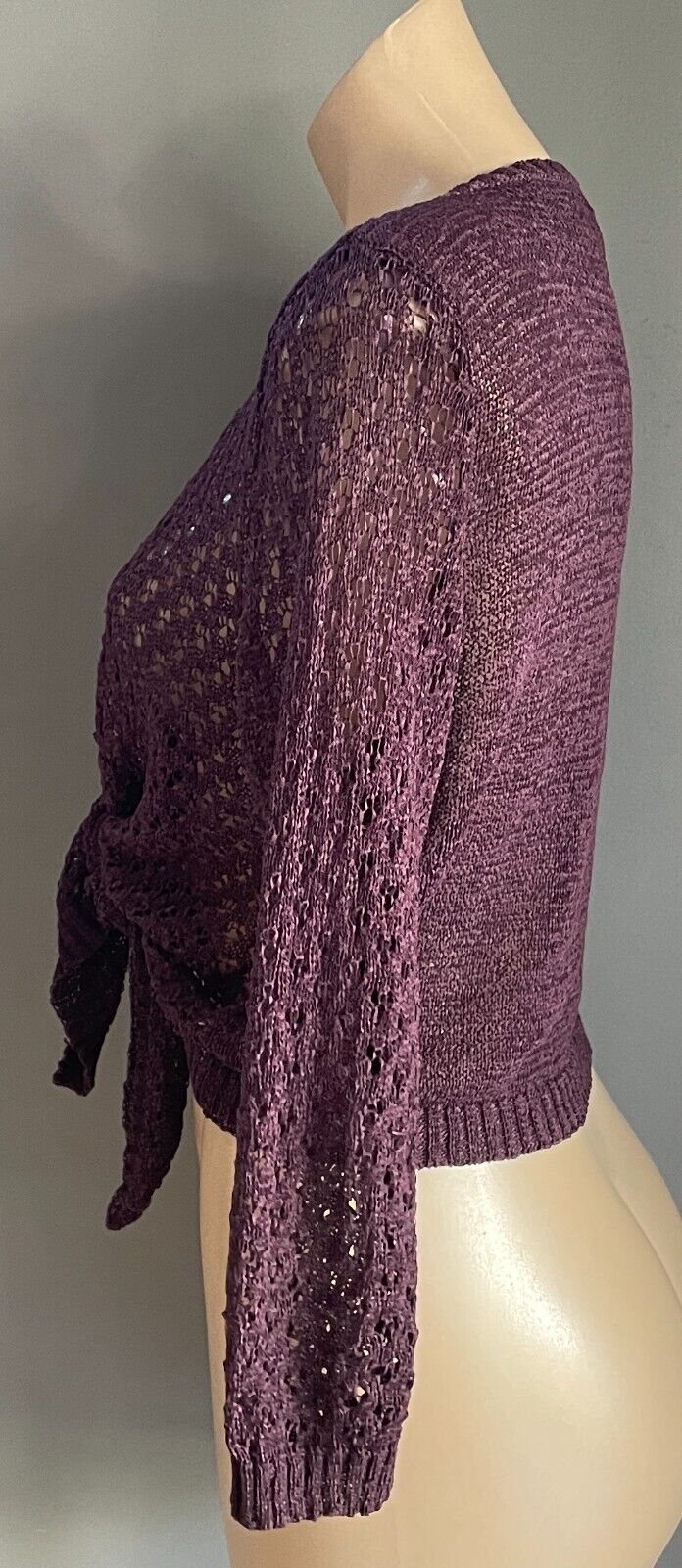 KATIES  Tie Front Cardigan Plum Colour Decorative Knit 3/4 Sleeve Size M 12