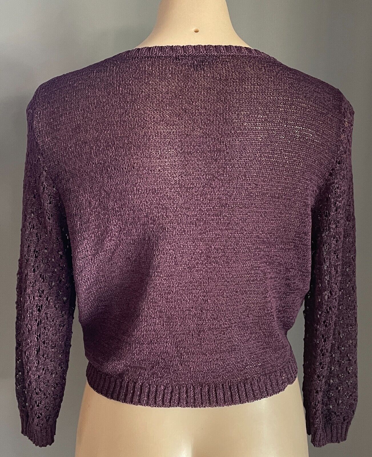KATIES  Tie Front Cardigan Plum Colour Decorative Knit 3/4 Sleeve Size M 12