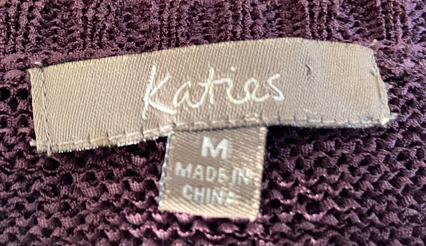 KATIES  Tie Front Cardigan Plum Colour Decorative Knit 3/4 Sleeve Size M 12