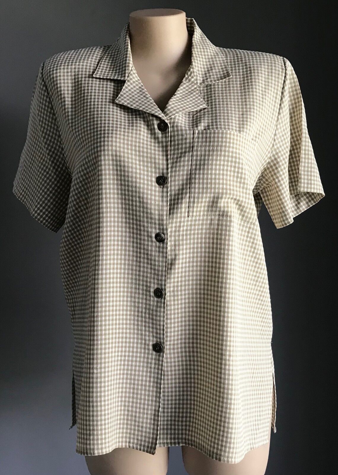 KATIES Shirt Buttons Khaki Brown White Check Shoulder Pads Plus Size 18 Vintage