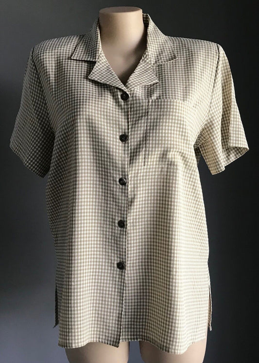 KATIES Shirt Buttons Khaki Brown White Check Shoulder Pads Plus Size 18 Vintage