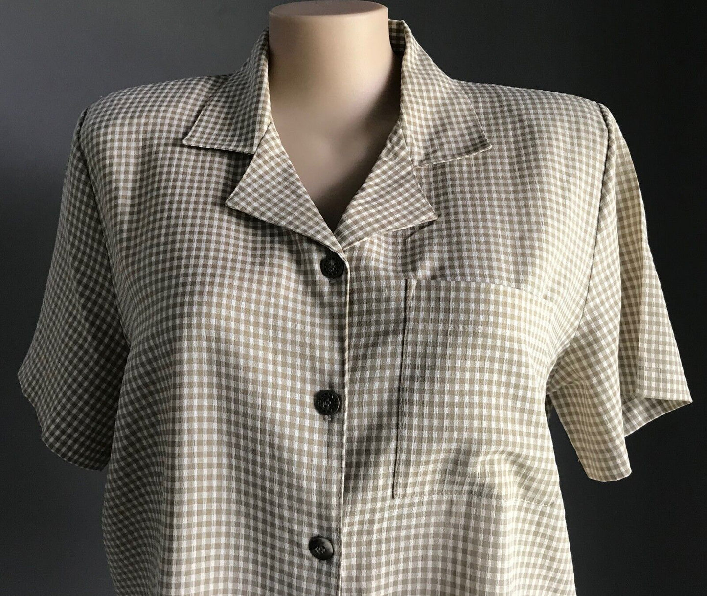 KATIES Shirt Buttons Khaki Brown White Check Shoulder Pads Plus Size 18 Vintage