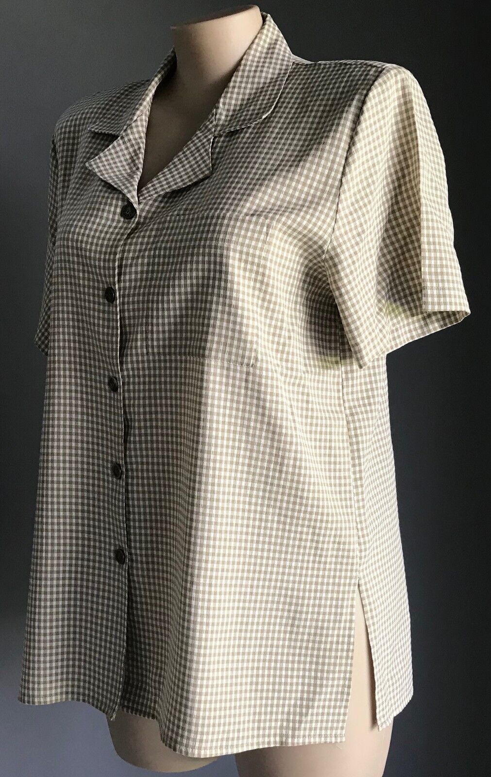 KATIES Shirt Buttons Khaki Brown White Check Shoulder Pads Plus Size 18 Vintage
