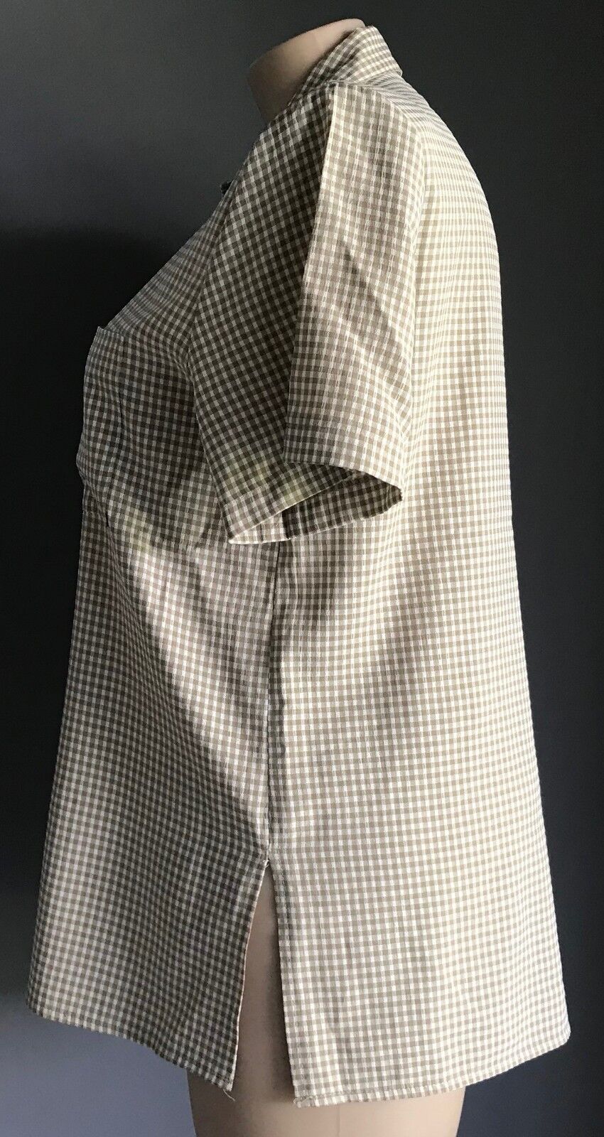 KATIES Shirt Buttons Khaki Brown White Check Shoulder Pads Plus Size 18 Vintage