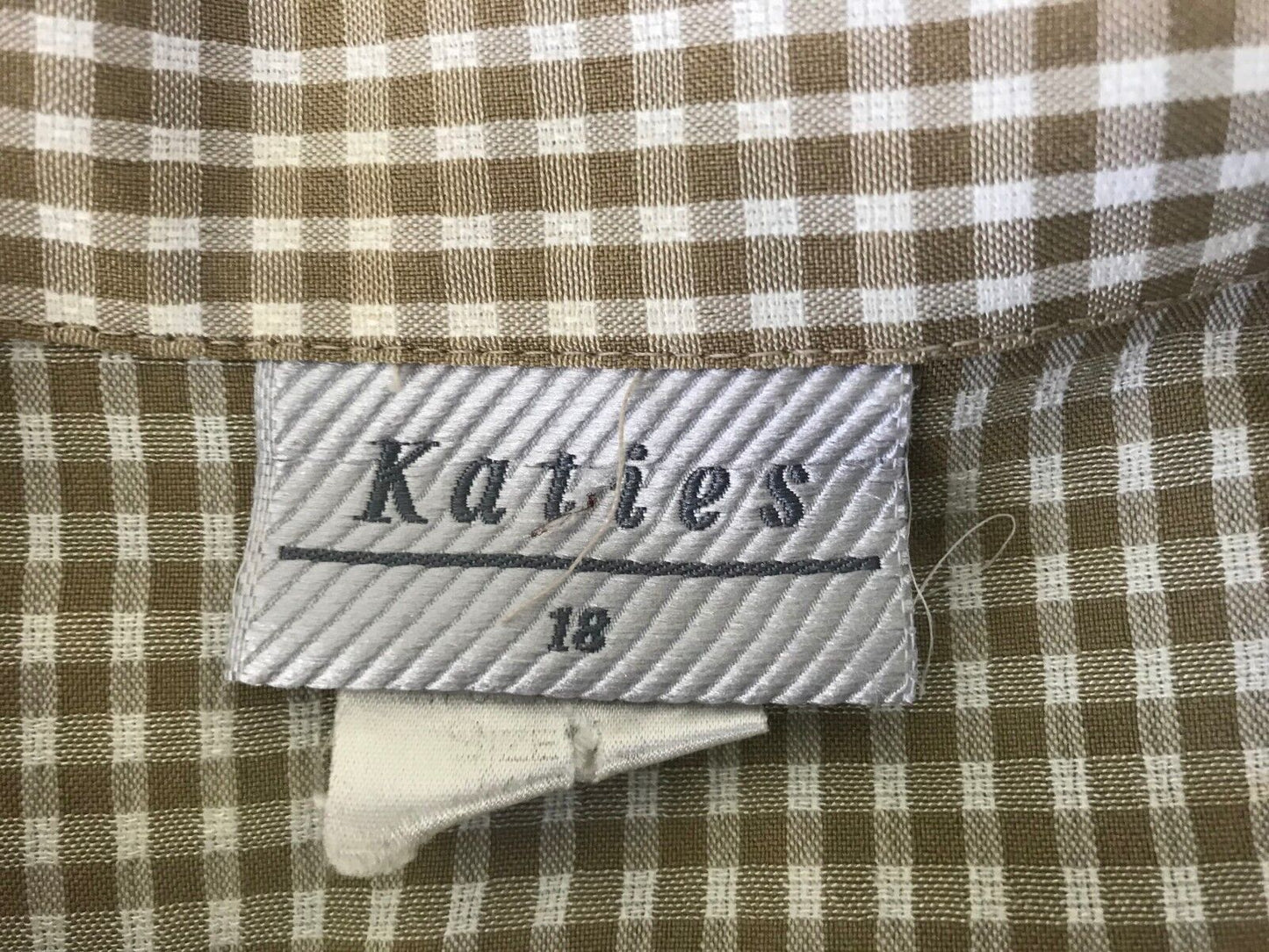 KATIES Shirt Buttons Khaki Brown White Check Shoulder Pads Plus Size 18 Vintage