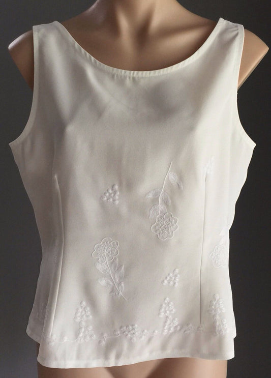 KATIES Top ivory Sleeveless w White Floral Embroidery Smart Casual Size 14 Retro