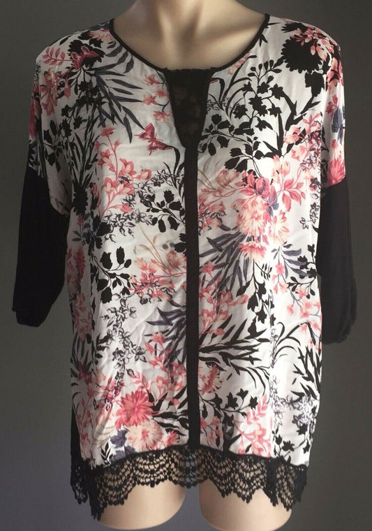 KATIES Top Floral Print & Solid Black Lace Trim 3/4 Sleeve Blouse Plus Size 18