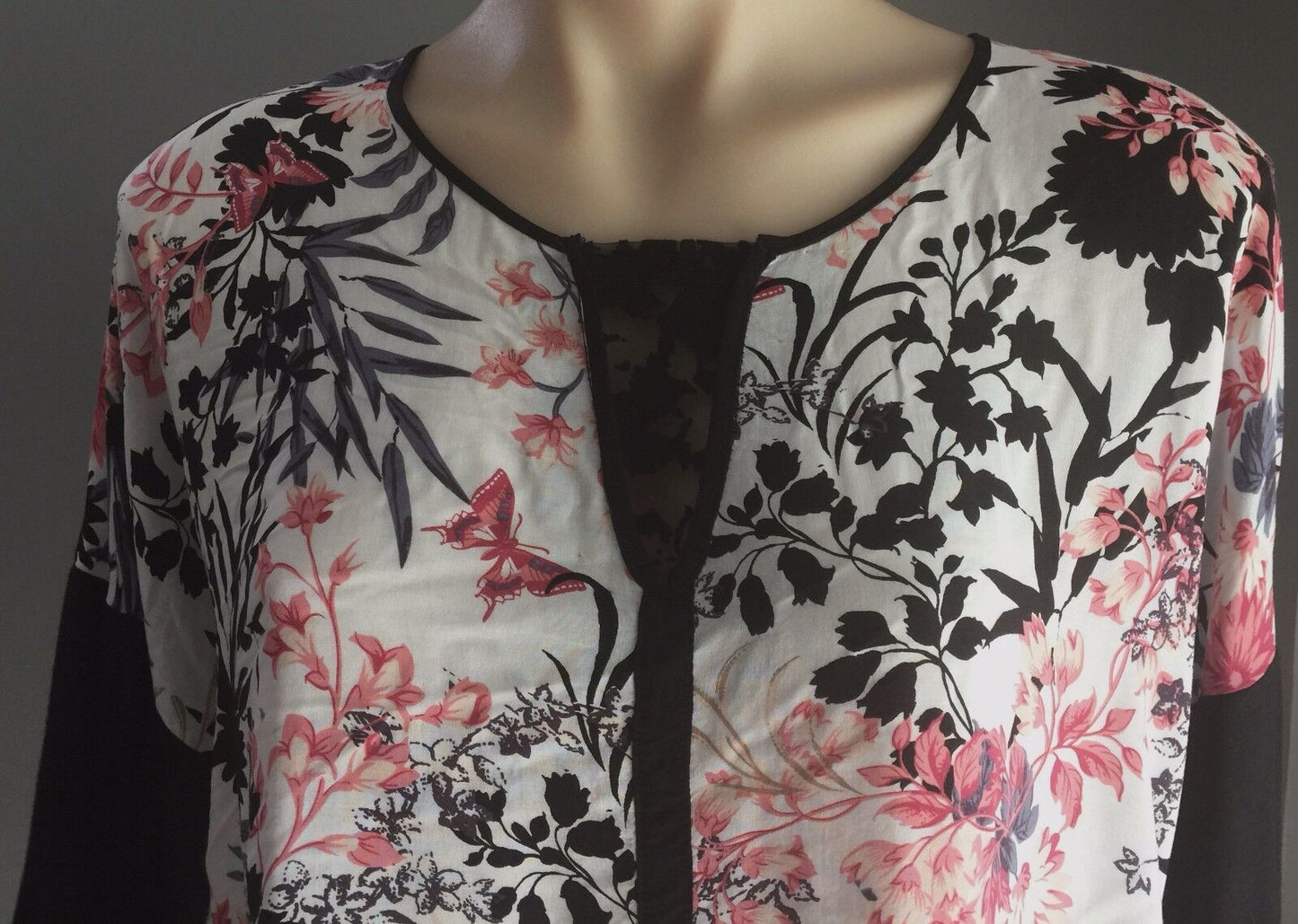KATIES Top Floral Print & Solid Black Lace Trim 3/4 Sleeve Blouse Plus Size 18