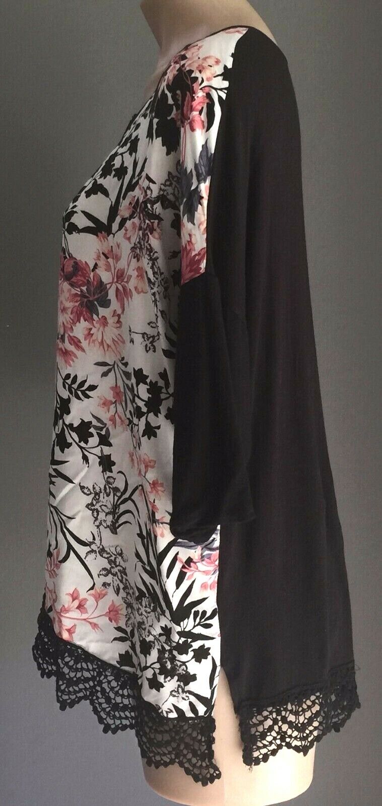 KATIES Top Floral Print & Solid Black Lace Trim 3/4 Sleeve Blouse Plus Size 18
