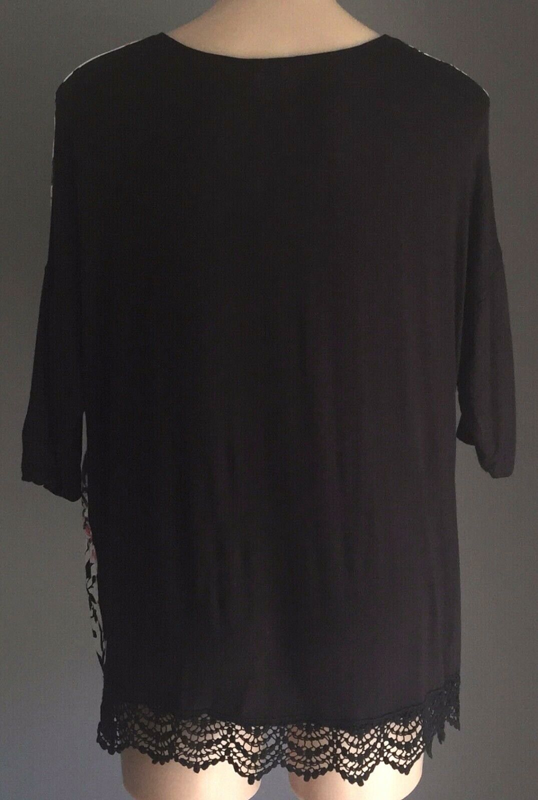 KATIES Top Floral Print & Solid Black Lace Trim 3/4 Sleeve Blouse Plus Size 18