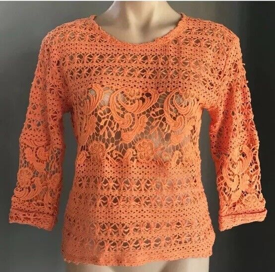 KATIES Boho Knit Top Orange Crochet Knit 3/4 Cuff Sleeve Dip Hem Top Size 8 - 10
