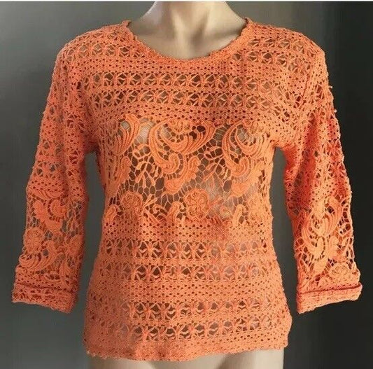 KATIES Boho Knit Top Orange Crochet Knit 3/4 Cuff Sleeve Dip Hem Top Size 8 - 10