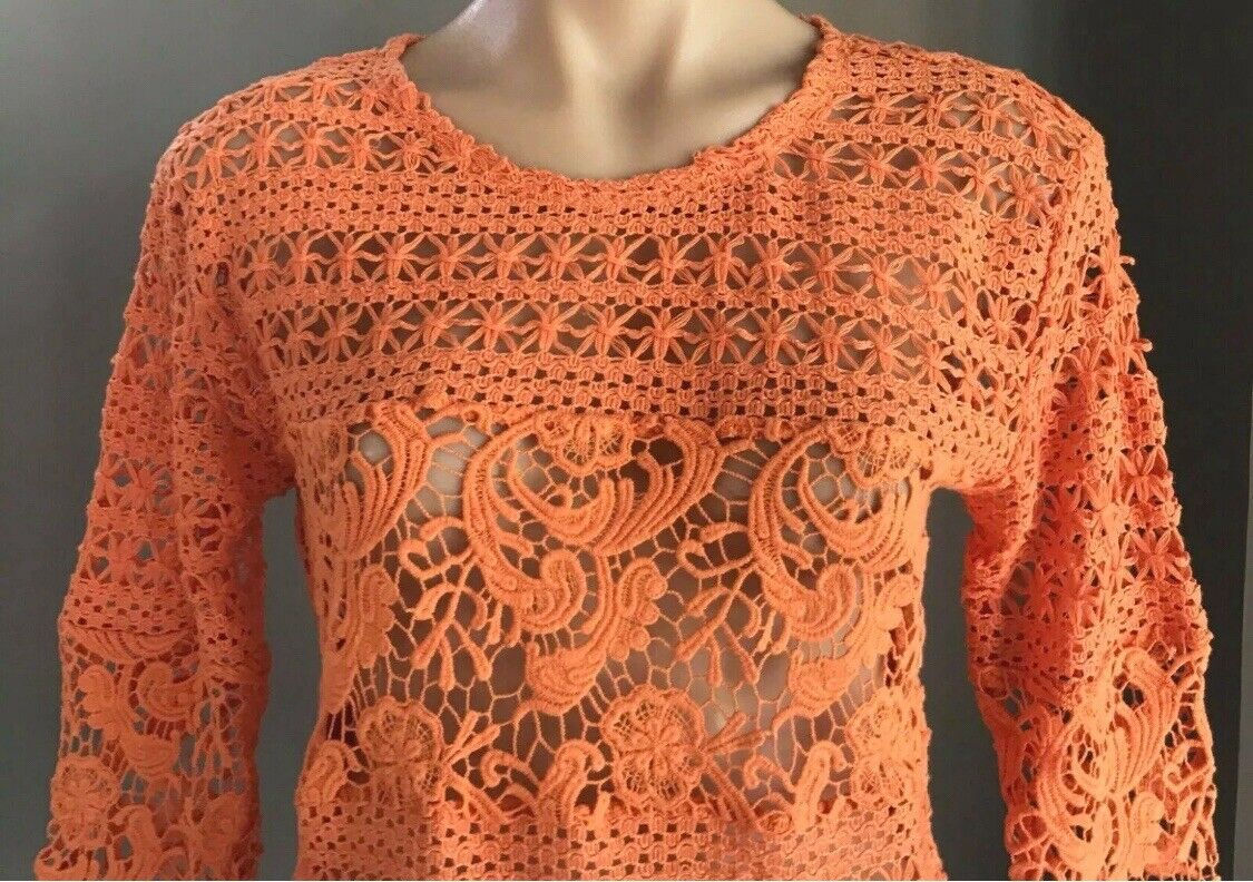 KATIES Boho Knit Top Orange Crochet Knit 3/4 Cuff Sleeve Dip Hem Top Size 8 - 10