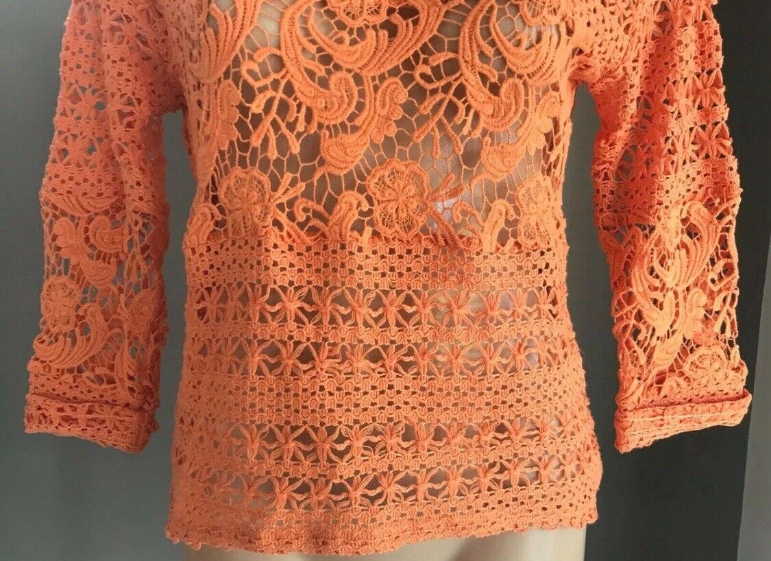KATIES Boho Knit Top Orange Crochet Knit 3/4 Cuff Sleeve Dip Hem Top Size 8 - 10