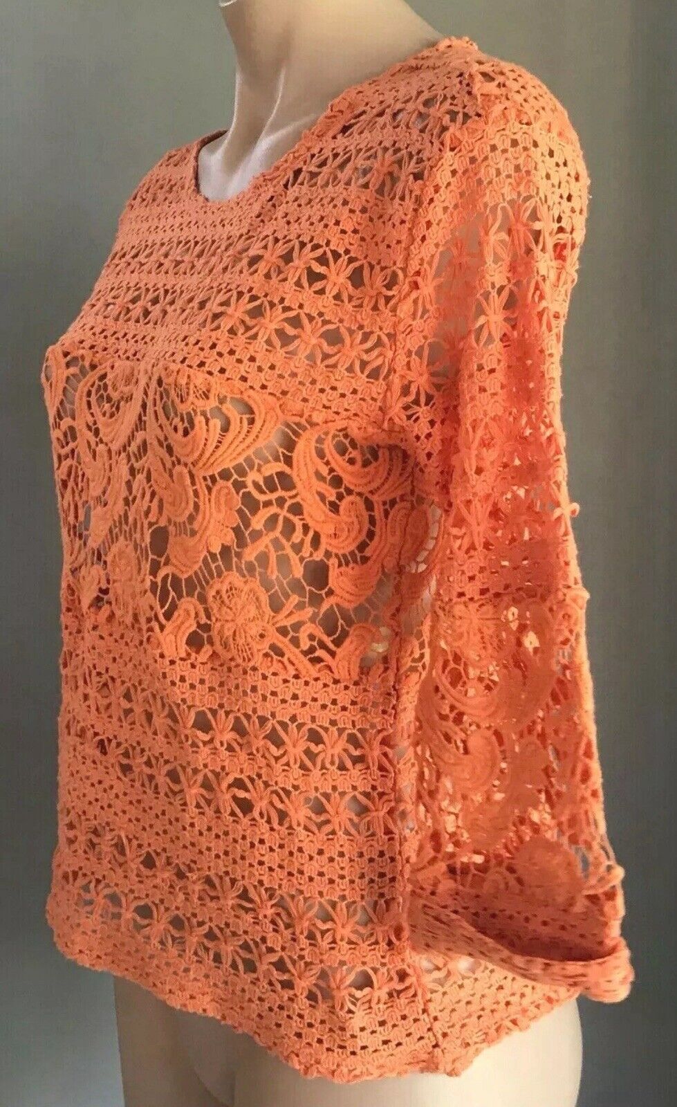 KATIES Boho Knit Top Orange Crochet Knit 3/4 Cuff Sleeve Dip Hem Top Size 8 - 10