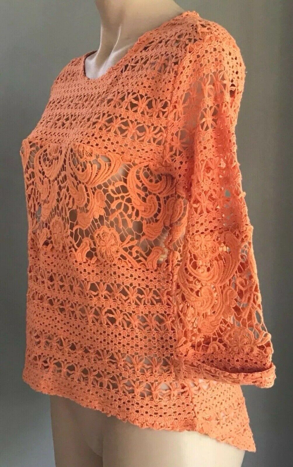 KATIES Boho Knit Top Orange Crochet Knit 3/4 Cuff Sleeve Dip Hem Top Size 8 - 10