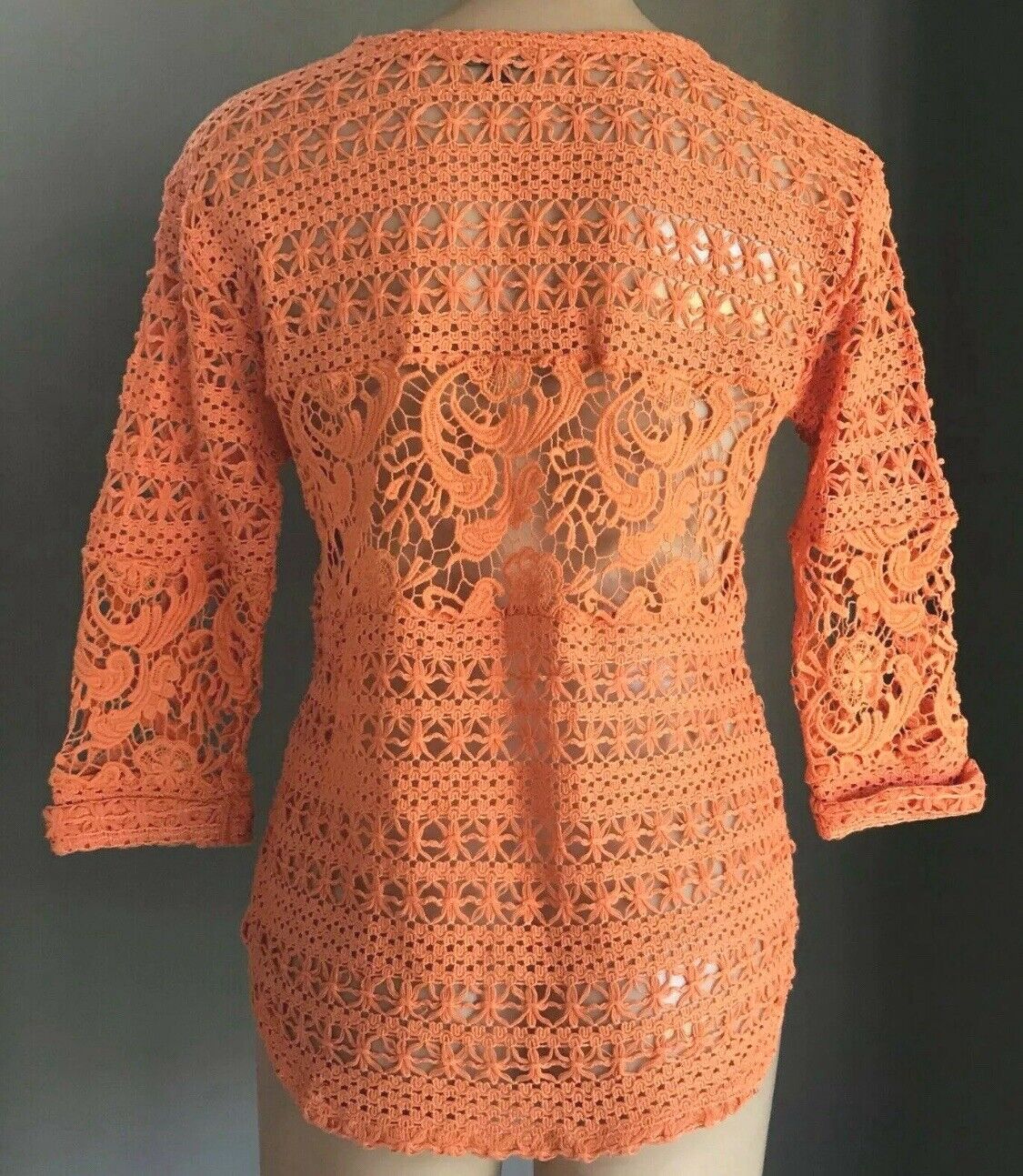 KATIES Boho Knit Top Orange Crochet Knit 3/4 Cuff Sleeve Dip Hem Top Size 8 - 10