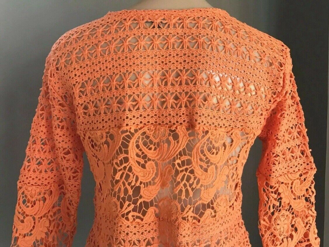 KATIES Boho Knit Top Orange Crochet Knit 3/4 Cuff Sleeve Dip Hem Top Size 8 - 10