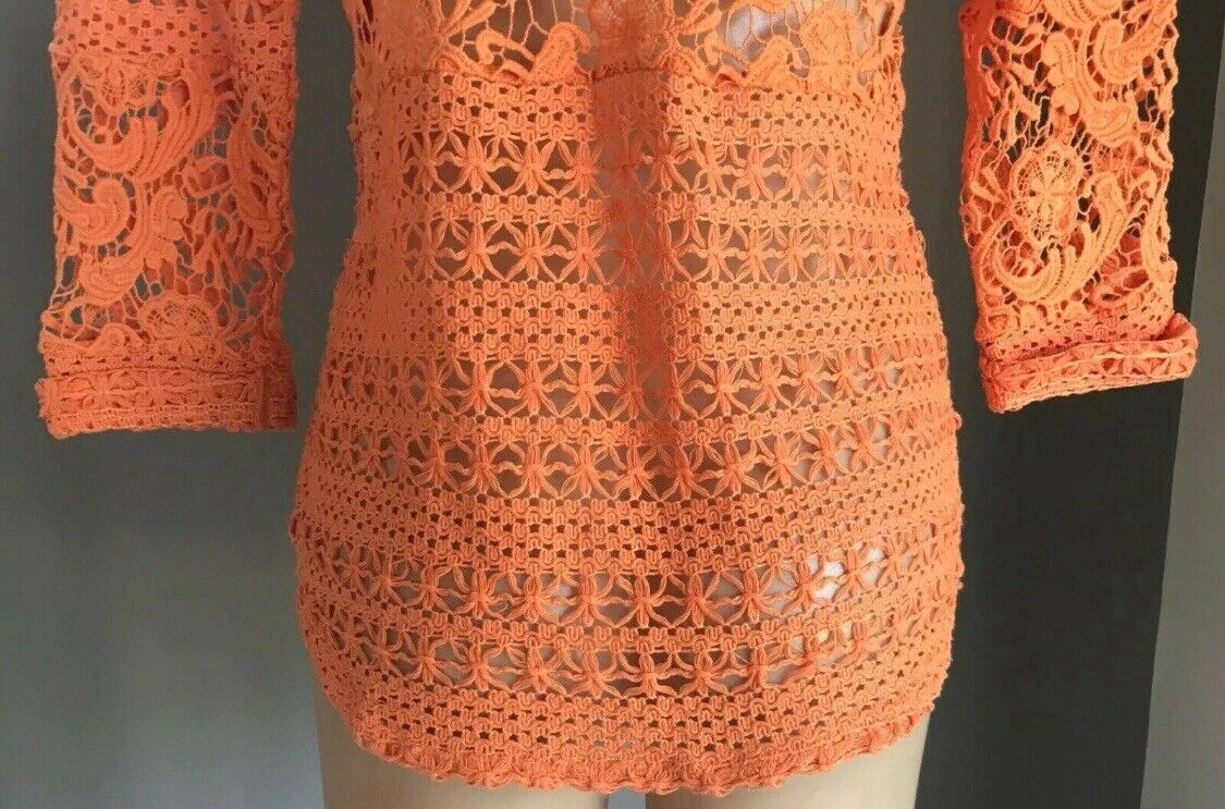 KATIES Boho Knit Top Orange Crochet Knit 3/4 Cuff Sleeve Dip Hem Top Size 8 - 10