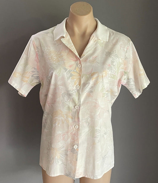 KATIES Shirt Button Up White Pastel Floral Size 10 Rib Collar Cotton Blend Vtg