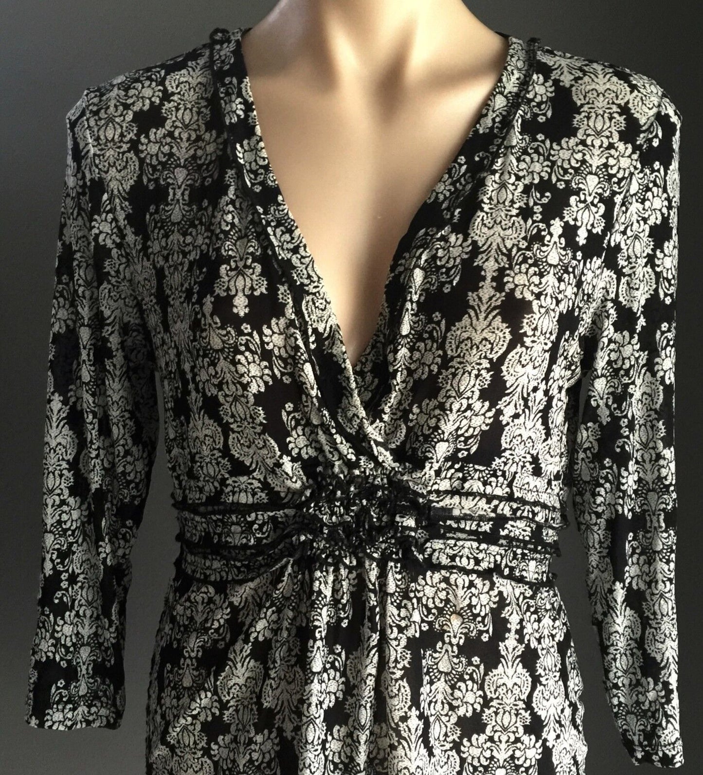 KATIES Top Semi Sheer Black & White Brocade Print Ladies Blouse Size XL 12 14