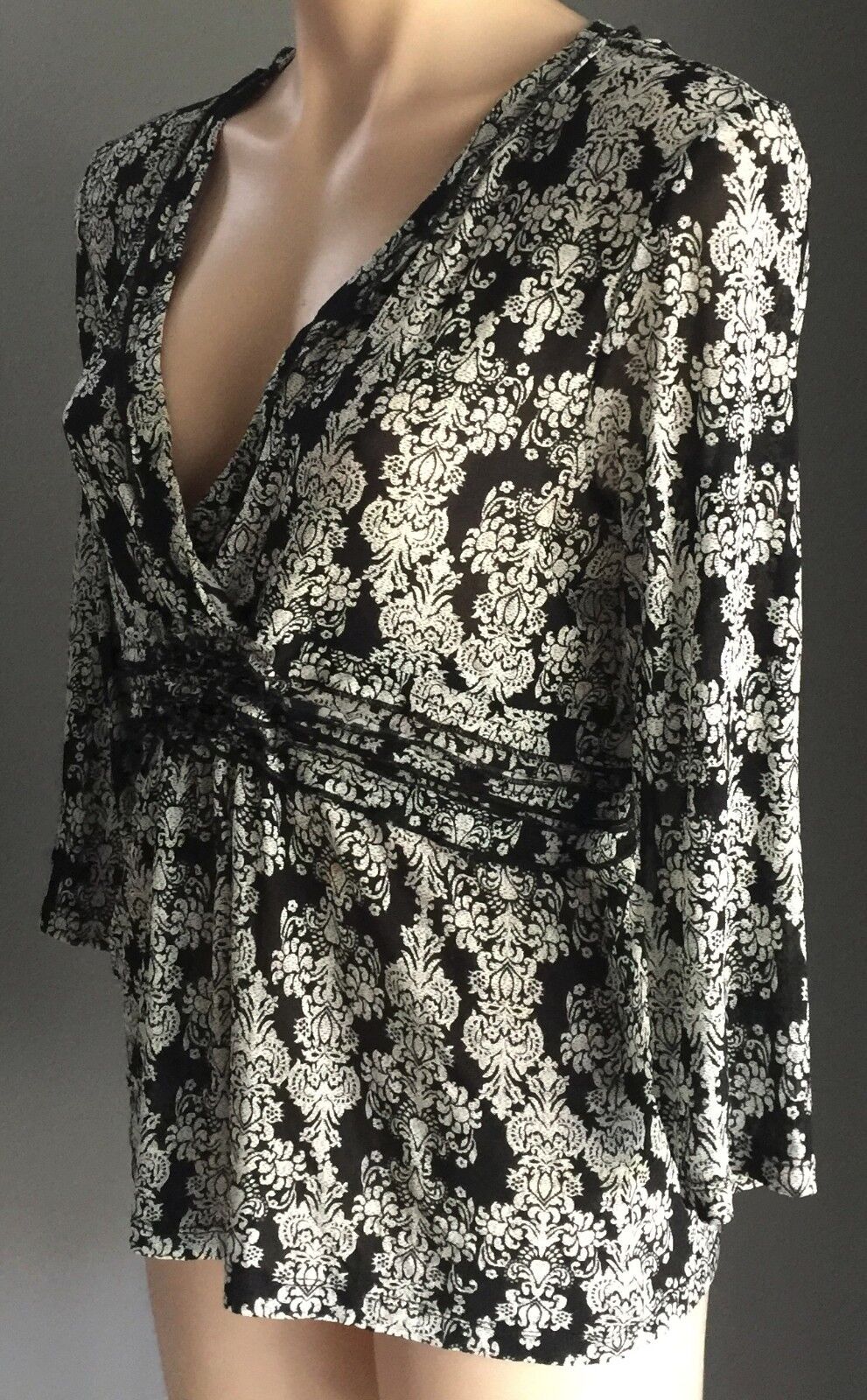 KATIES Top Semi Sheer Black & White Brocade Print Ladies Blouse Size XL 12 14