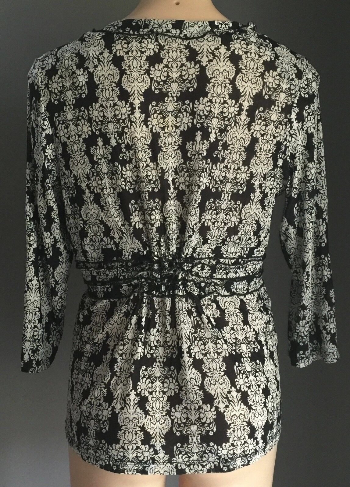 KATIES Top Semi Sheer Black & White Brocade Print Ladies Blouse Size XL 12 14