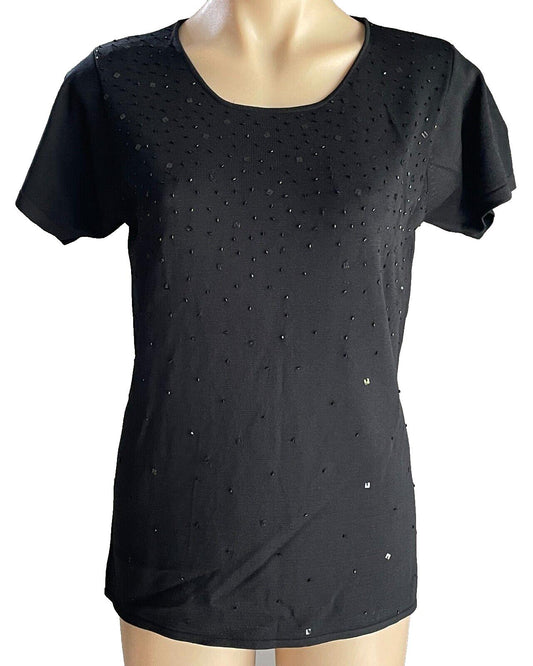 KATIES Top Knit Black Short Sleeve Beaded Sequin Embellishment Ladies Size L 12