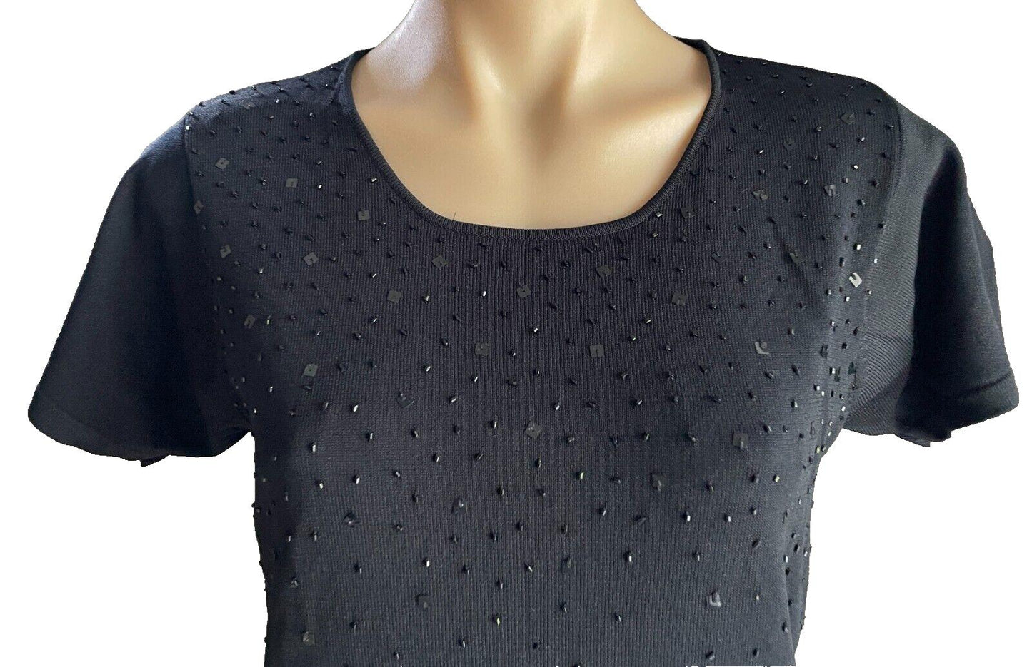 KATIES Top Knit Black Short Sleeve Beaded Sequin Embellishment Ladies Size L 12