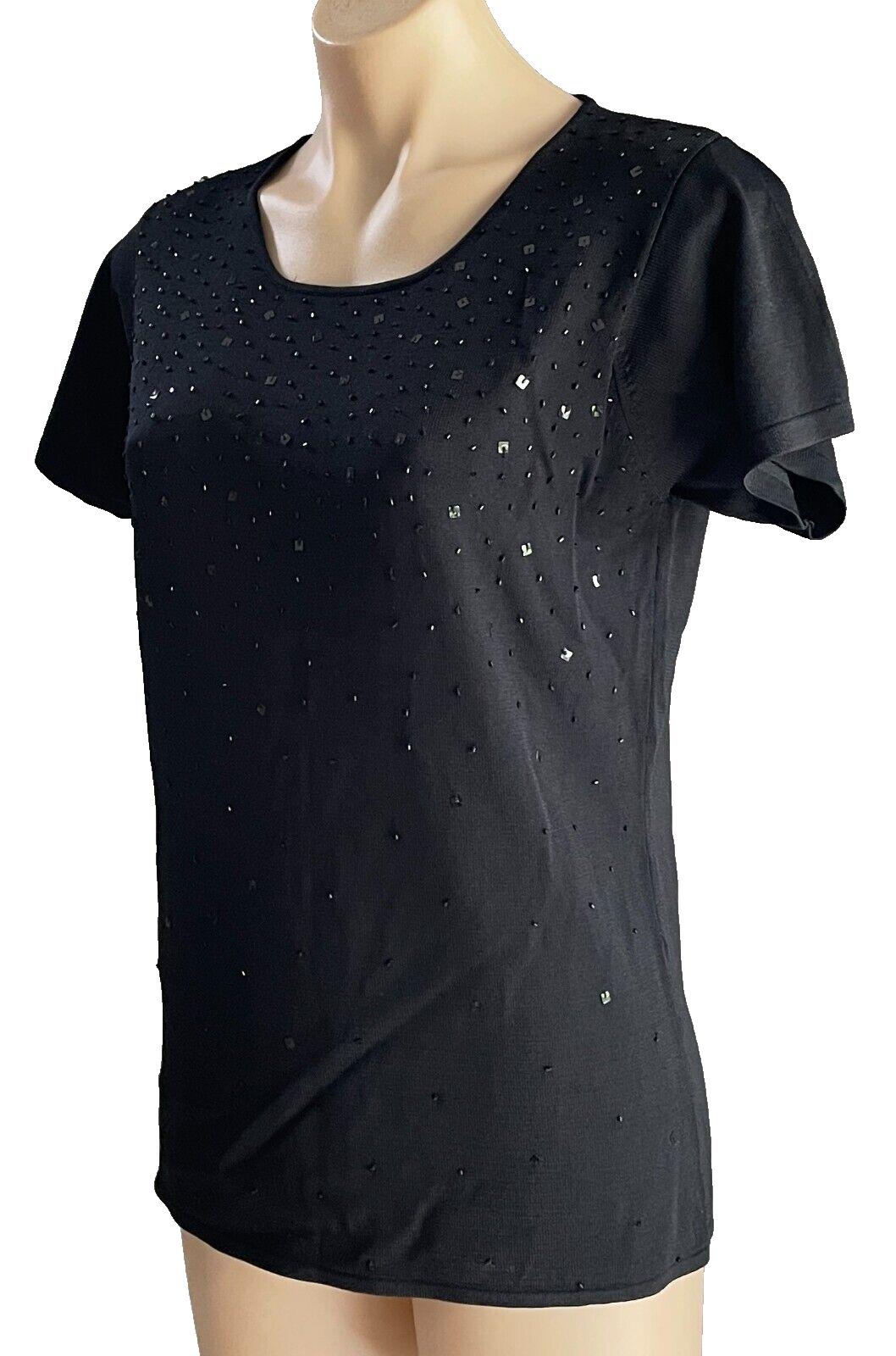 KATIES Top Knit Black Short Sleeve Beaded Sequin Embellishment Ladies Size L 12