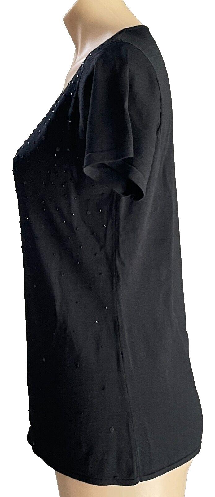 KATIES Top Knit Black Short Sleeve Beaded Sequin Embellishment Ladies Size L 12