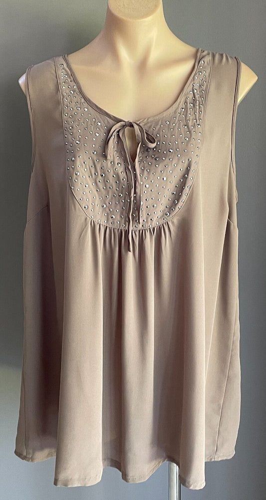 KATIES Top Sleeveless Stud Trim Brown Round Neck With Tie Size 16