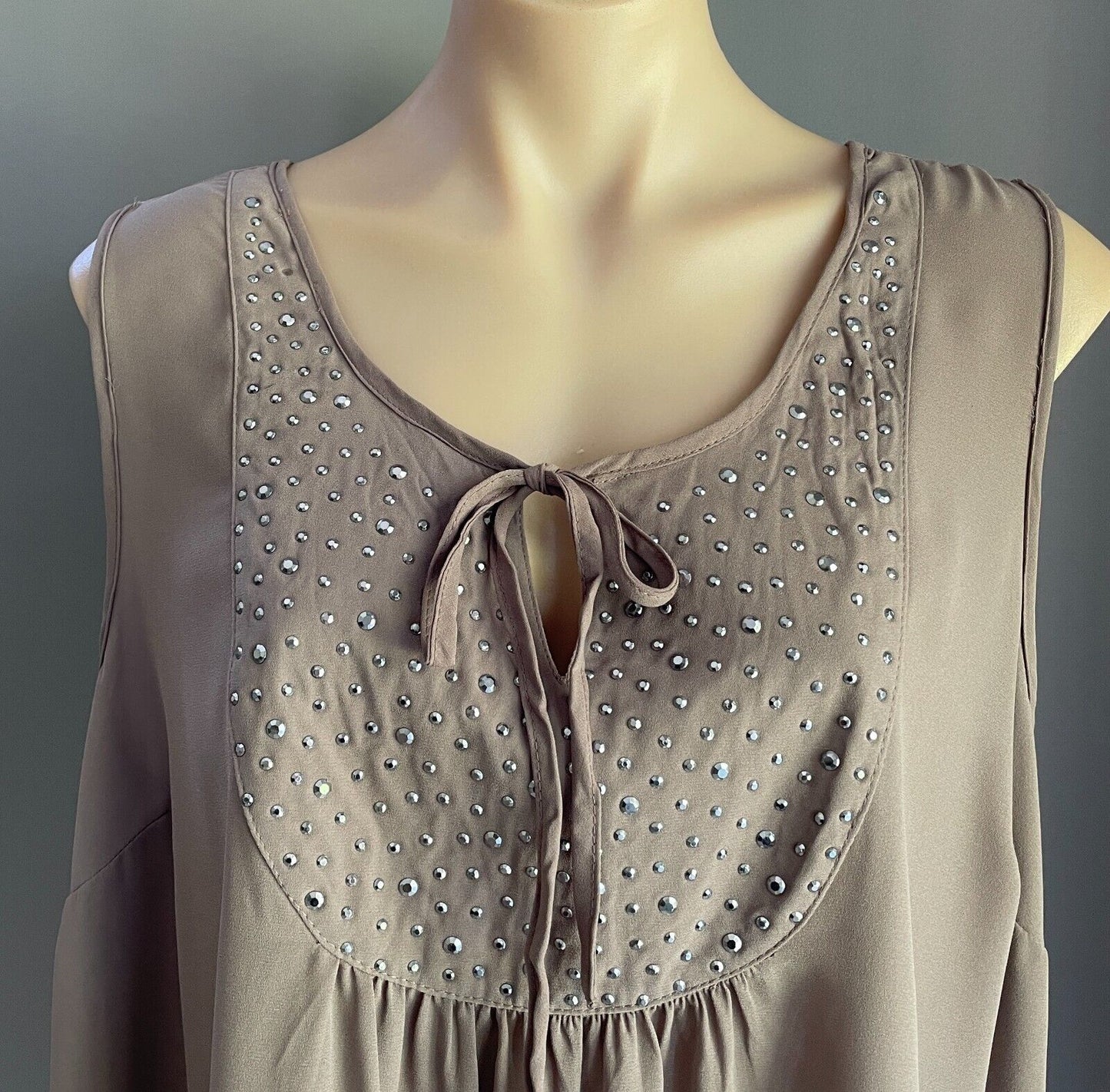 KATIES Top Sleeveless Stud Trim Brown Round Neck With Tie Size 16