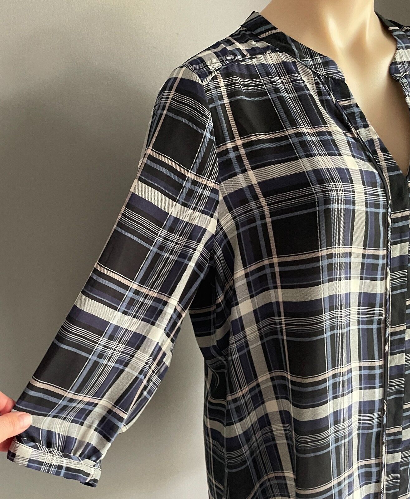 KATIES Top Grey Blue Black Baby Pink Check 3/4 Sleeve Hi-Lo Hem Blouse Size 16