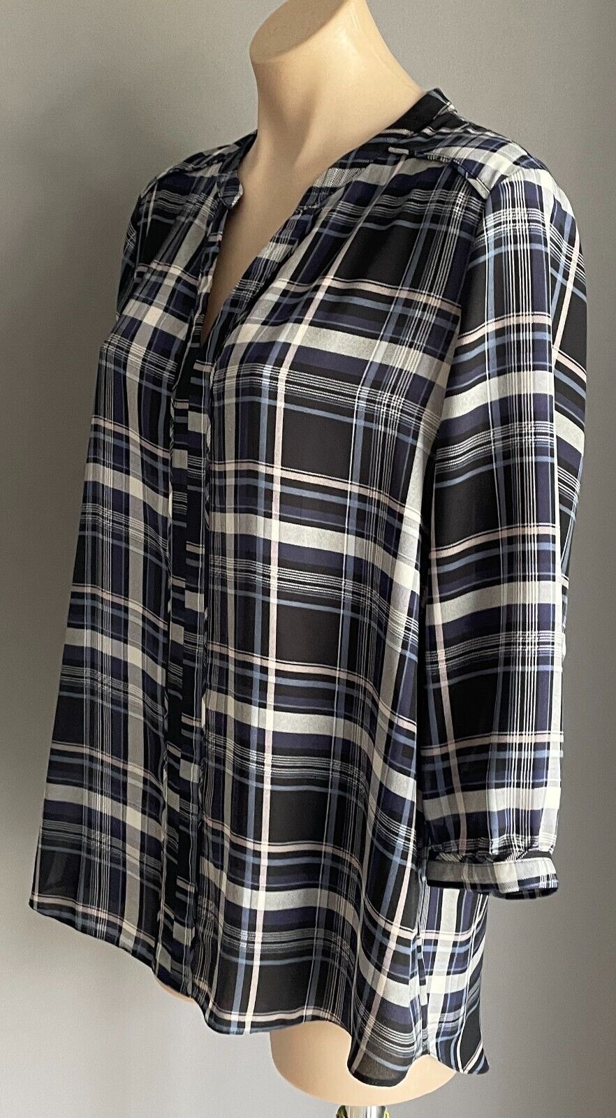 KATIES Top Grey Blue Black Baby Pink Check 3/4 Sleeve Hi-Lo Hem Blouse Size 16