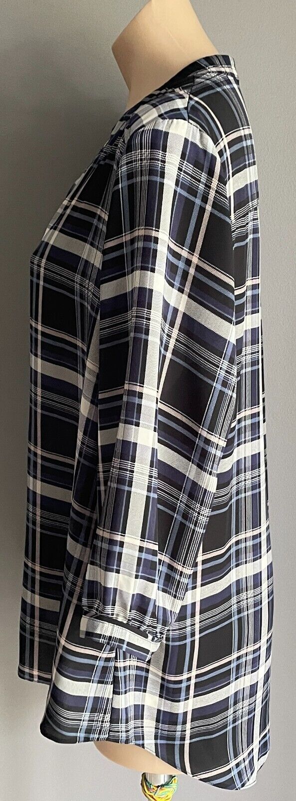 KATIES Top Grey Blue Black Baby Pink Check 3/4 Sleeve Hi-Lo Hem Blouse Size 16