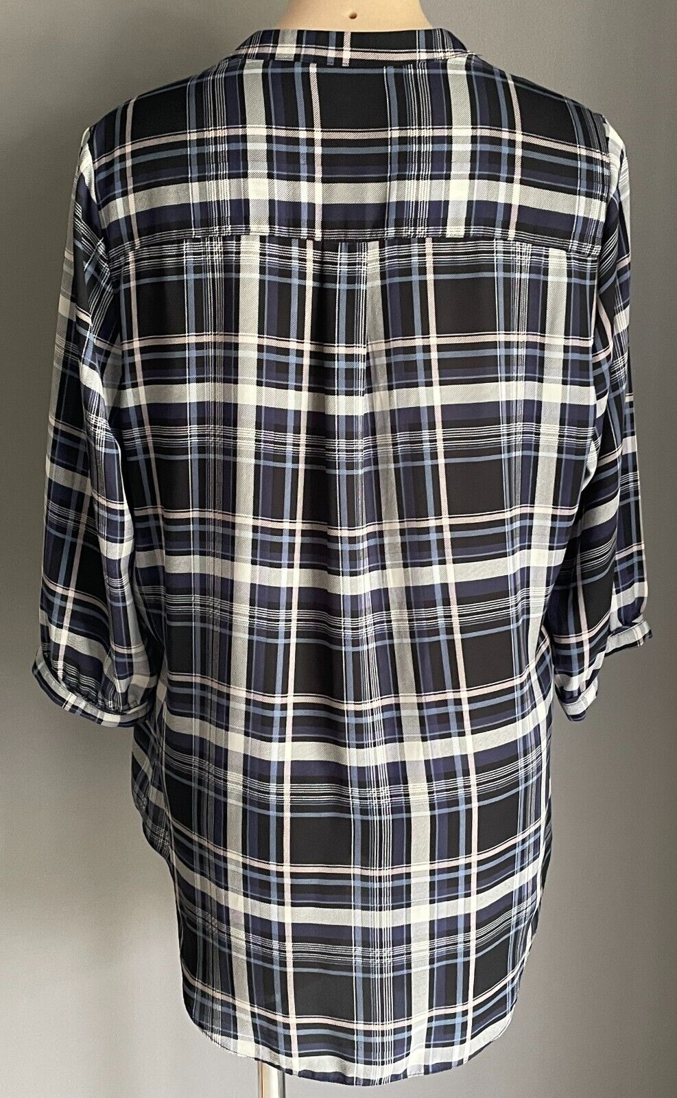 KATIES Top Grey Blue Black Baby Pink Check 3/4 Sleeve Hi-Lo Hem Blouse Size 16