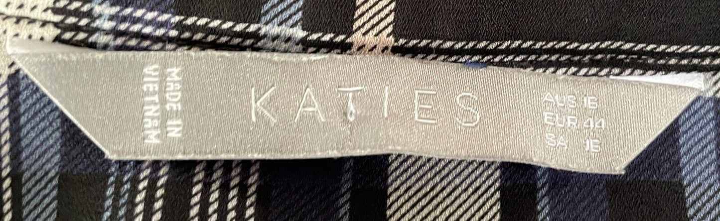 KATIES Top Grey Blue Black Baby Pink Check 3/4 Sleeve Hi-Lo Hem Blouse Size 16