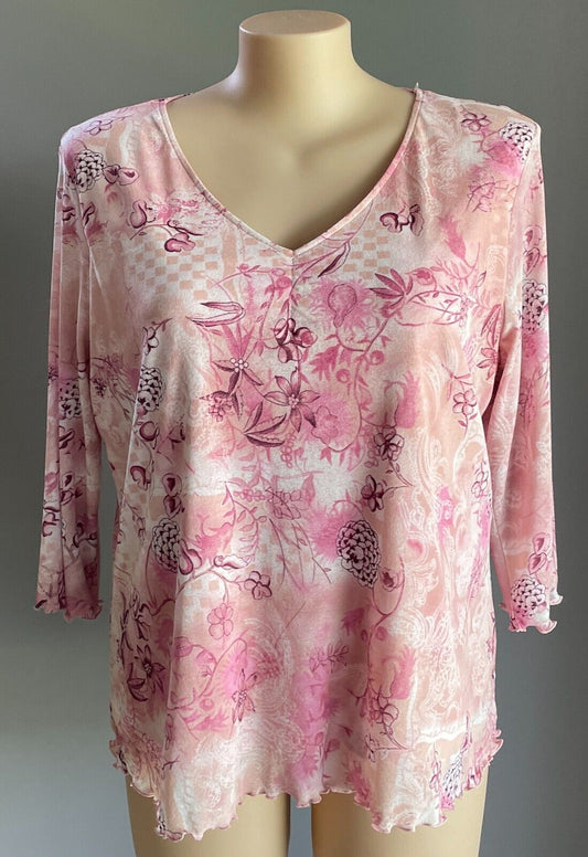 BEME Top Purple Pink White Floral Print Stretch Blouse Plus Size L 18 3/4 Sleeve