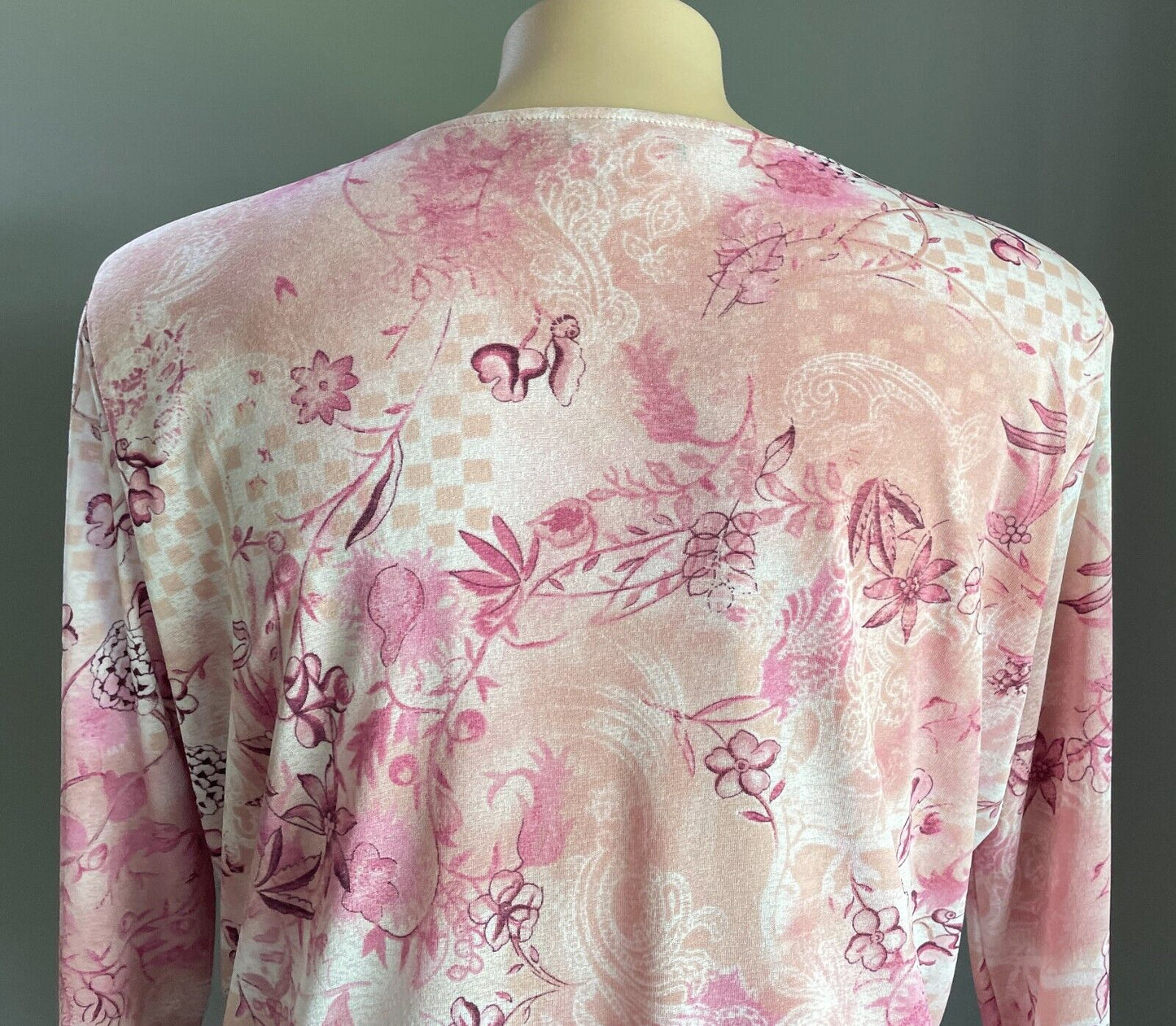 BEME Top Purple Pink White Floral Print Stretch Blouse Plus Size L 18 3/4 Sleeve