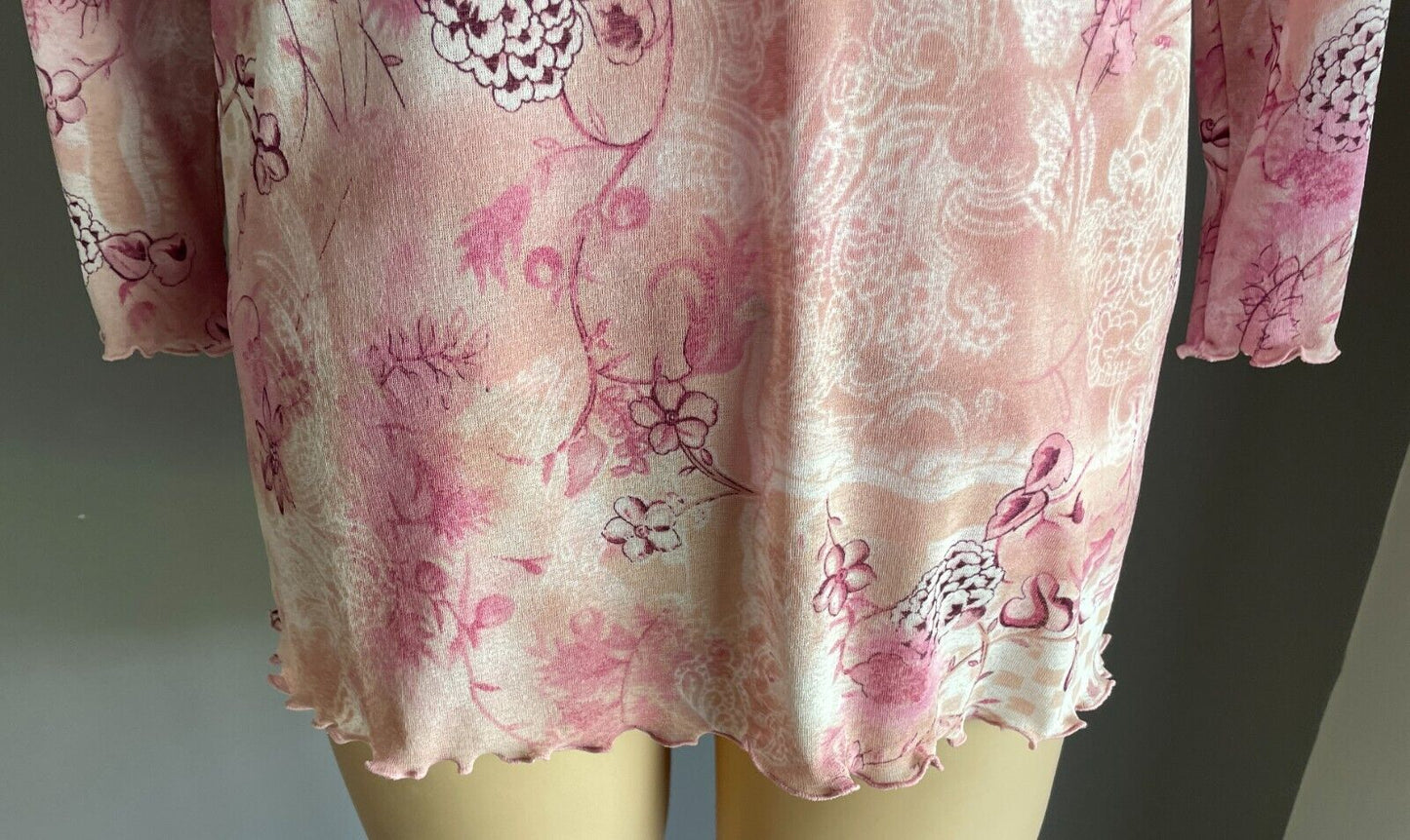 BEME Top Purple Pink White Floral Print Stretch Blouse Plus Size L 18 3/4 Sleeve