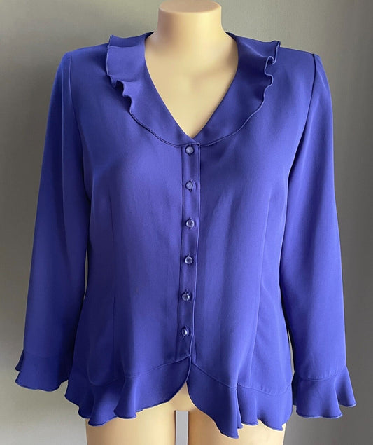 LEESA FASHIONS Button Front Shirt Purple Ruffle Neck Sleeve Cuff Blouse Size 18