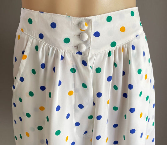 LEESA FASHIONS Shorts White Dress Blue Yellow Green Polka Dot Size 12 Button Fly