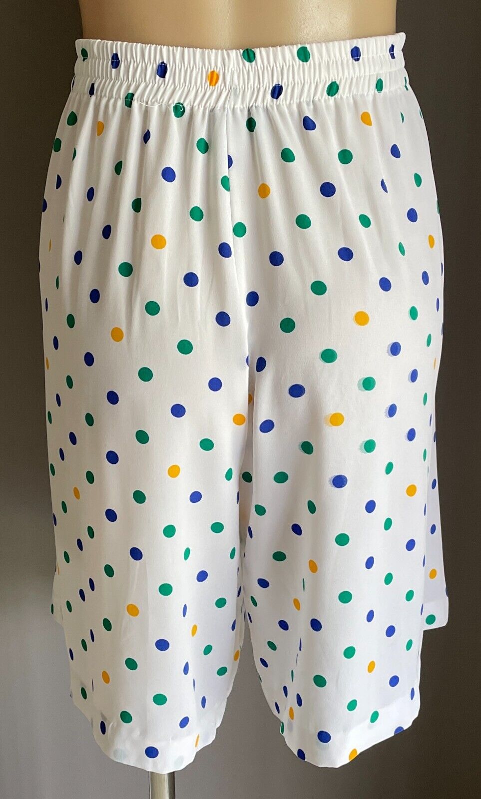 LEESA FASHIONS Shorts White Dress Blue Yellow Green Polka Dot Size 12 Button Fly