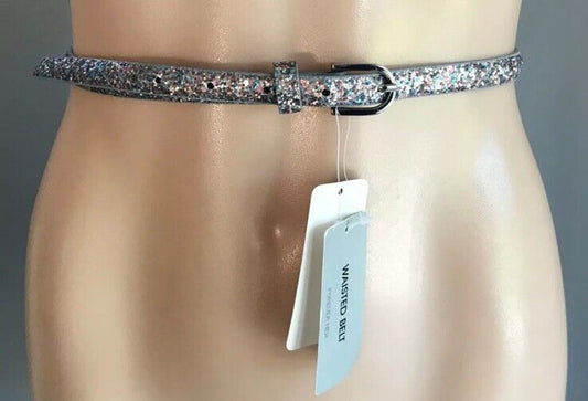FOREVER NEW Ladies Belt 1.4cm Pink & Blue Glitter Pleather Buckle Size 10 12 NEW