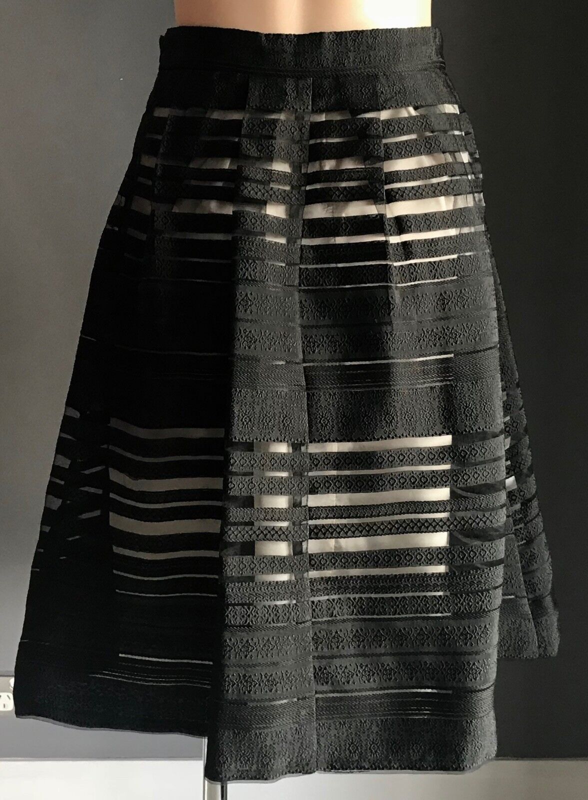 FOREVER 21 CONTEMPORARY Skirt Ornate Organza Stripe Size S 10 Black Beige NEW