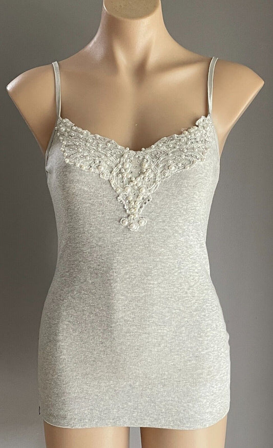 FOREVER NEW Stretch Cami Grey Marl  Top Size 10 Pearl & Crystal Trim Adjustable