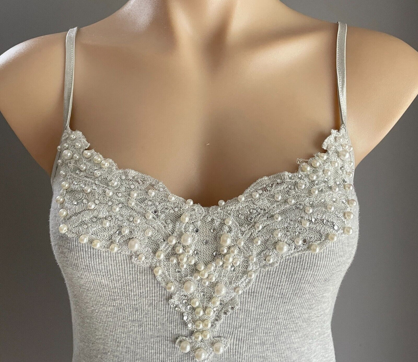 FOREVER NEW Stretch Cami Grey Marl  Top Size 10 Pearl & Crystal Trim Adjustable