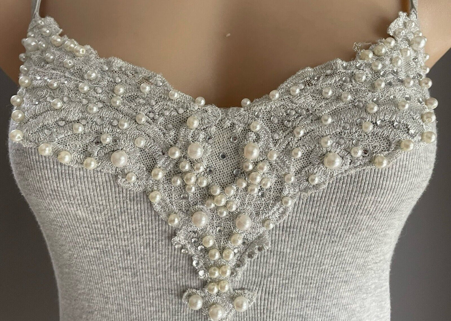 FOREVER NEW Stretch Cami Grey Marl  Top Size 10 Pearl & Crystal Trim Adjustable