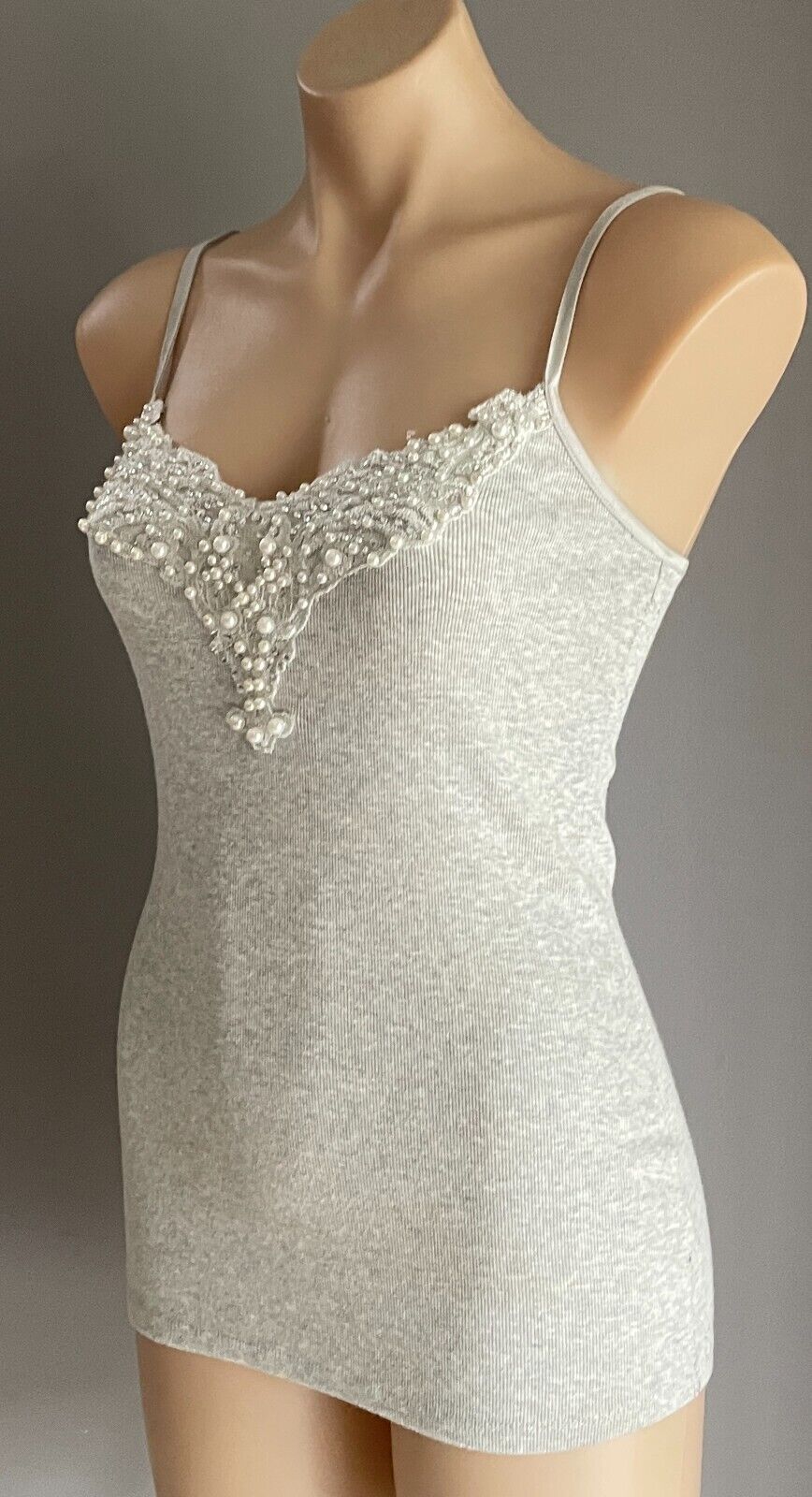 FOREVER NEW Stretch Cami Grey Marl  Top Size 10 Pearl & Crystal Trim Adjustable